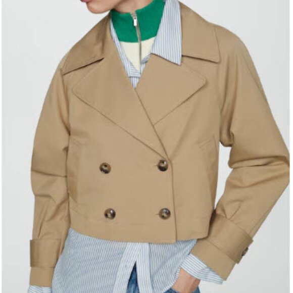 NWT Womens MNG Mango Tan Double Breasted Cropped Trench Jacket S - Picture 1 of 13